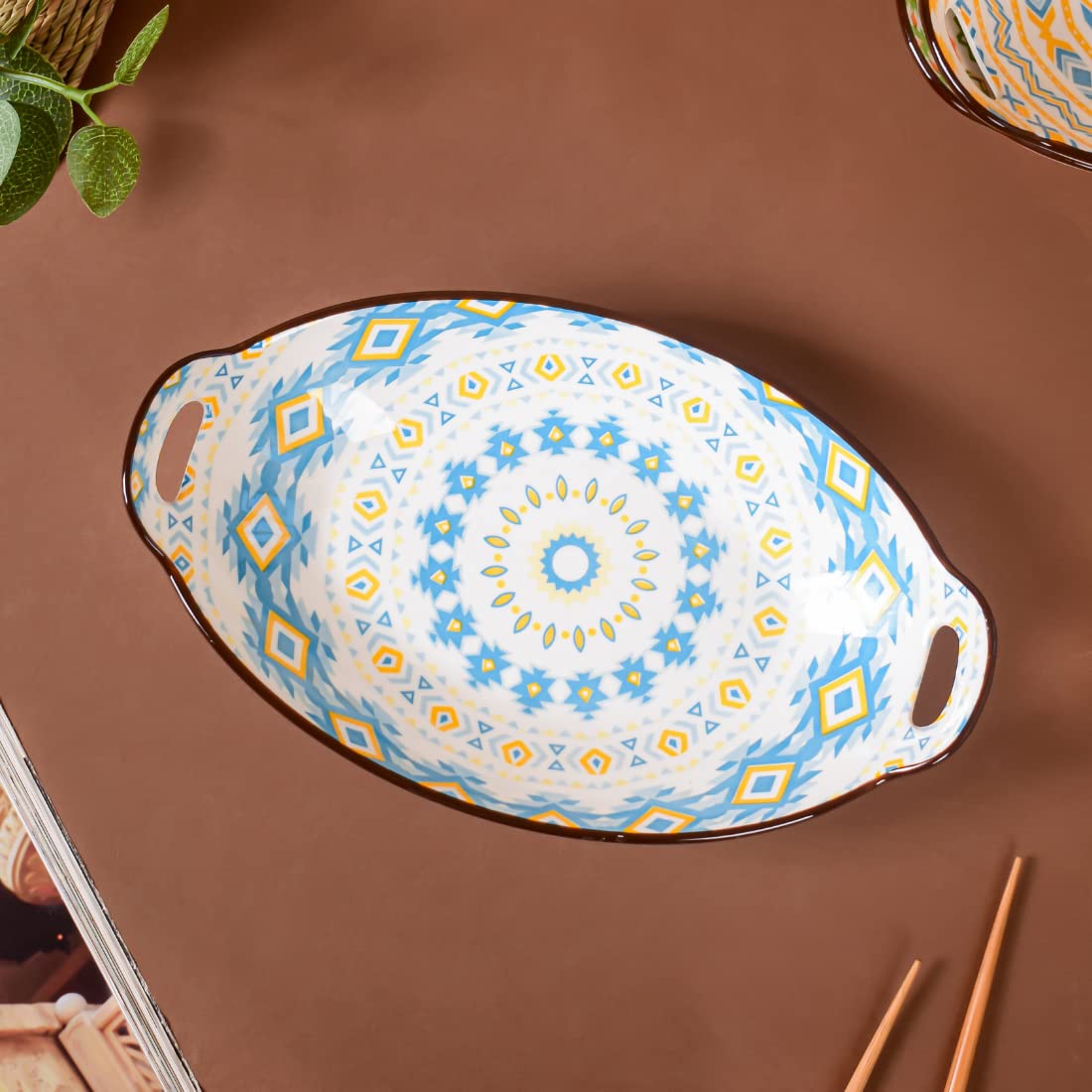 Nestasia Blue & Yellow Diamond Ceramic Long Dish with Handles for Serving Snacks, Appetizers, Salads, and Noodles| Microwave Saf